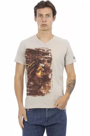 Trussardi Koszulki, Mężczyzna, Beżowy, XL, Bawełna, Elegancka Beżowa Koszulka z Dekoltem V i Nadrukiem na Przodzie