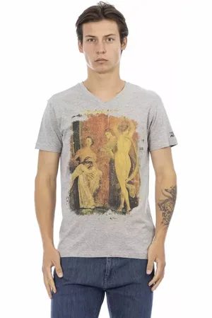 Trussardi Koszulki, Mężczyzna, Szary, L, Bawełna, Elegancka szara koszulka z dekoltem V i nadrukiem