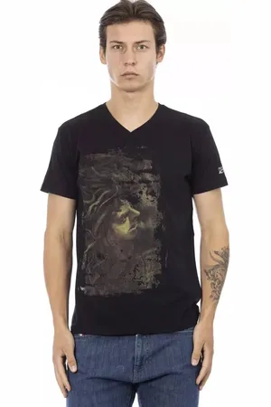 Trussardi Koszulki, Mężczyzna, Czarny, M, Bawełna, Elegancka koszulka z dekoltem V i nadrukiem