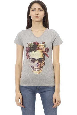Trussardi Koszulki, Kobieta, Szary, XS, Szara Bawełniana T-shirt z Dekoltem V i Nadrukiem