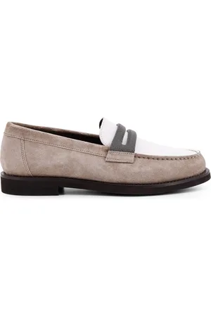 Brunello Cucinelli Buty, Kobieta, Biały, 39 EU, Zamsz, Białe płaskie buty z ikonicznym detalem