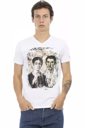 Trussardi Koszulki, Mężczyzna, Biały, 3XL, Bawełna, Elegancki Designer Tee z dekoltem w serek i nadrukiem