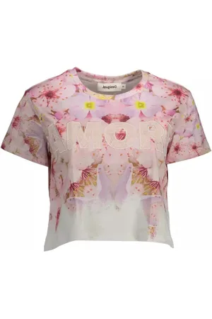 Desigual Koszulki, Kobieta, Różowy, M, Haftowany różowy T-shirt z bawełny