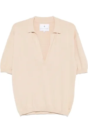 Seven Gauge Swetry, Mężczyzna, Beżowy, XL, Beżowy Sweter z Kołnierzem Polo i Lamówkami