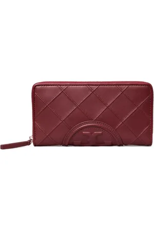 Tory Burch Akcesoria, Kobieta, Czerwony, ONE SIZE, Skóra, Skórzany portfel pikowany z podwójnym T