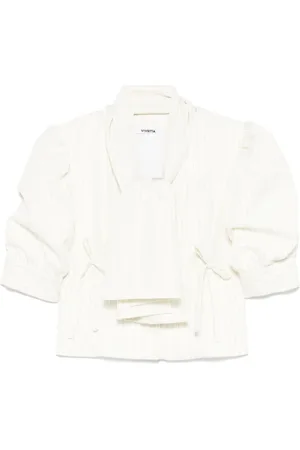 VIVETTA Bluzki, Kobieta, Biały, S, Beige V-Neck Puff Sleeve Shirt