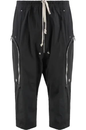 Rick Owens Spodnie, Mężczyzna, Czarny, L, Bawełna, Bawełniane Spodnie z Szczegółami Skóry