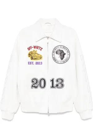 OFF-WHITE Kurtki, Mężczyzna, Wielobarwność, L, Skóra, Biała kurtka skórzana z haftowanym logo