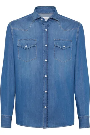 Brunello Cucinelli Koszule, Mężczyzna, Niebieski, M, Denim, Denim koszula z zapinaniem na napy