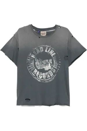 GALLERY DEPT. Koszulki, Mężczyzna, Szary, XL, Bawełna, T-shirt z efektem zniszczeń i nadrukiem graficznym