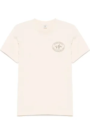 Sporty & Rich Koszulki, Kobieta, Beżowy, S, Ecru T-shirt z Okrągłym Dekoltem i Krótkim Rękawem