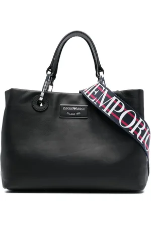 Emporio Armani Torebki, Kobieta, Czarny, ONE SIZE, Skóra, Skórzana torba typu tote z plakietką z logo