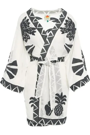 Farm Rio Sukienki, Kobieta, Biały, S, Bawełna, Biała Sukienka Kimono z Haftami
