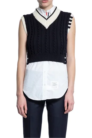 Thom Browne Swetry, Kobieta, Niebieski, S, Koronkowy Sweter z Wycięciem V