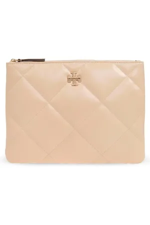 Tory Burch Torebki, Kobieta, Beżowy, ONE SIZE, Skóra, Skórzana torebka z przeszyciami i podwójnym T