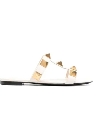 VALENTINO GARAVANI Buty, Kobieta, Biały, 41 EU, Len, Białe Rzymskie Stud Sandały Skórzane