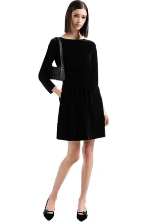 Emporio Armani Sukienki, Kobieta, Czarny, M, Rozkloszowana sukienka z szenili z prążkowaniem