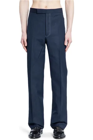 Thom Browne Spodnie, Mężczyzna, Niebieski, M, Granatowe lniane spodnie z podwójnym szwem igłowym