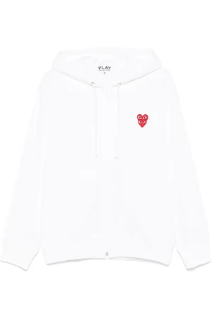 Comme des Garçons Bluzy, Mężczyzna, Biały, L, Bawełna, Bluza z kapturem zapinana na zamek z naszywką podwójnego serca