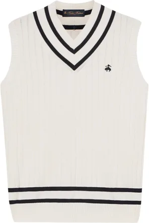 Brooks Brothers Swetry, Mężczyzna, Biały, L, Bawełna, Koszulka z logo haftowanym z bawełny z dekoltem w serek do tenisa