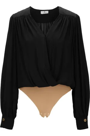 Elisabetta Franchi Koszulki, Kobieta, Czarny, XL, Koszula body z dekoltem w serek i automatycznym guzikiem