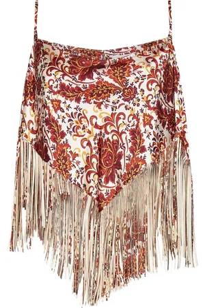 Paco rabanne Koszulki, Kobieta, Wielobarwność, S, Kwiatowy Paisley Print Satynowy Top z Frędzlami