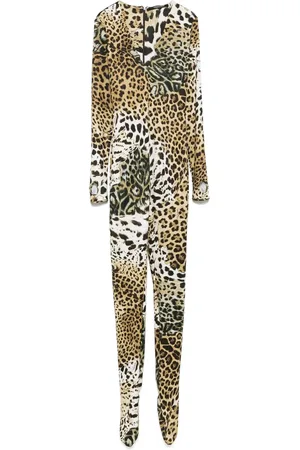 Roberto Cavalli Kombinezony, Kobieta, Wielobarwność, M, Czarno-Żółty Dekolt Jumpsuit Długie Rękawy