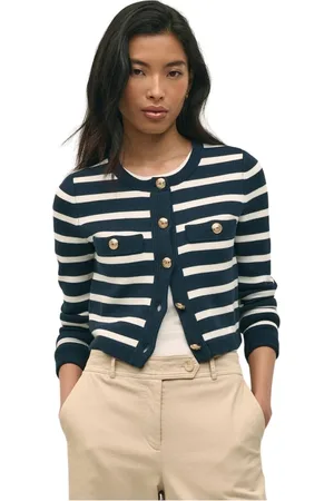 Brooks Brothers Swetry, Kobieta, Niebieski, L, Bawełna, Pasowany sweter z bawełny z złotymi guzikami