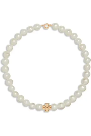 Tory Burch Akcesoria, Kobieta, Biały, ONE SIZE, Naszyjnik z zawieszką z perłą i logo