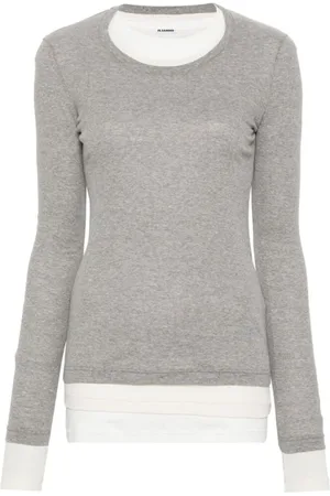 Jil Sander Koszulki, Kobieta, Szary, M, T-shirt z żebrowanym dzianinowym dekoltem
