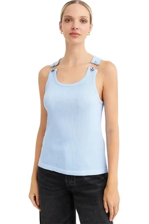 Jean Paul Gaultier Koszulki, Kobieta, Niebieski, XS, Niebieski top z metalowymi klamrami