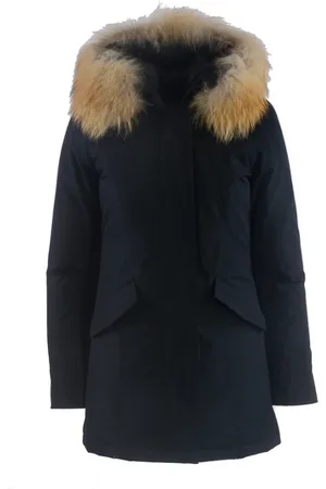 Woolrich Kurtki, Kobieta, Niebieski, L, Granatowa parka z technicznego materiału z odpinanym kapturem z futra