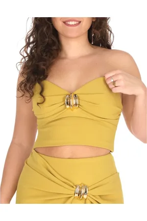 Elisabetta Franchi Koszulki, Kobieta, Żółty, S, Strukturalny Top z Krepy z Złotym Detalem