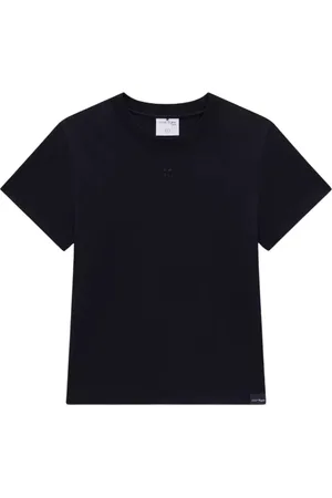 Courrèges Koszulki, Kobieta, Czarny, L, Bawełna, Koszulka Crewneck z Haftowanym Logo