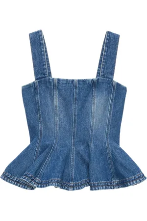 Msgm Koszulki, Kobieta, Niebieski, XS, Denim, Niebieski Top z Denimu z Falbaną