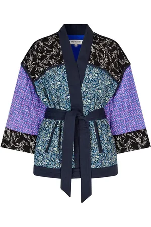 Lollys Laundry Bluzki, Kobieta, Wielobarwność, L, Bawełna, Niebieska Kurtka w Stylu Kimono z Paskiem