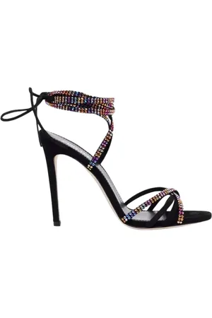 PARIS TEXAS Buty, Kobieta, Czarny, 37 1/2 EU, Skóra, Czarne Sandały na Szpilce z Kryształowym Paskiem