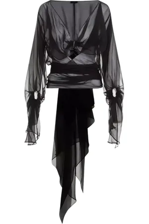 MUGLER Bluzki, Kobieta, Czarny, S, Jedwabna drapowana bluzka z dekoltem w serek