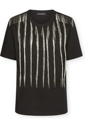 Elena Miro Koszulki, Kobieta, Czarny, 2XL, Bawełna, T-shirt z frędzlami