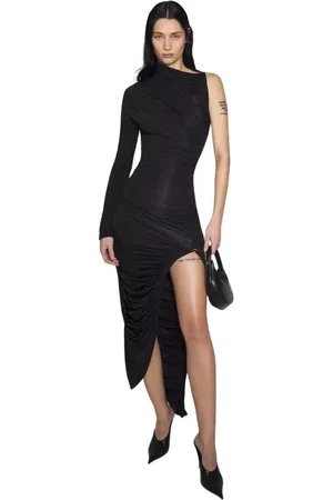 MUGLER Sukienki, Kobieta, Czarny, S, Nylon, Czarna sukienka z marszczeniami