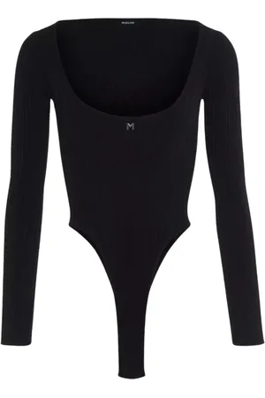 MUGLER Koszulki, Kobieta, Czarny, M, Bawełna, Czarne dzianinowe body z głębokim dekoltem