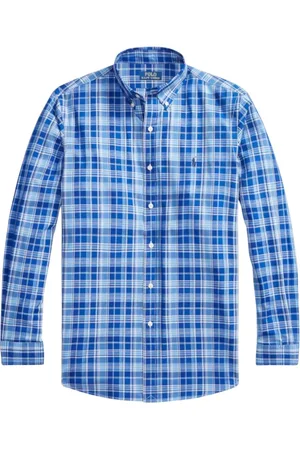 Ralph Lauren Koszule, Mężczyzna, Niebieski, S, Bawełna, Niebieska koszula w kratę o kroju Custom Fit