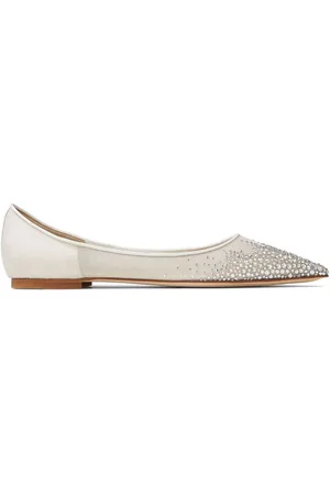 Jimmy Choo Buty, Kobieta, Biały, 37 EU, Skóra, Beżowe baleriny z kryształową siateczką i szpiczastym noskiem