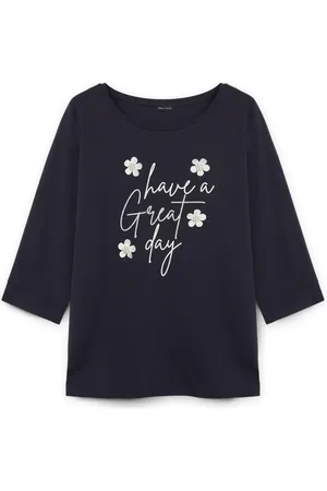 Fiorella rubino Koszulki, Kobieta, Niebieski, S, T-shirt z nadrukiem i haftowanymi kwiatami