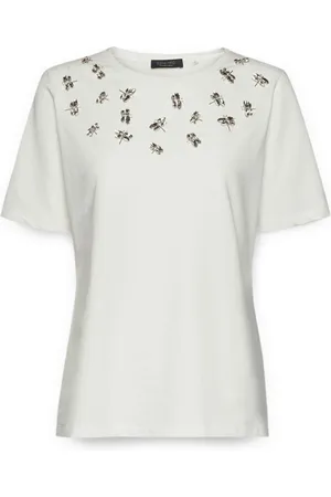 Elena Miro Koszulki, Kobieta, Biały, XS, Bawełna, T-shirt z haftem ważki