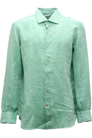 MAZZARELLI Koszule, Mężczyzna, Zielony, L, Koszula lniana Slim Fit Zielony Kamień