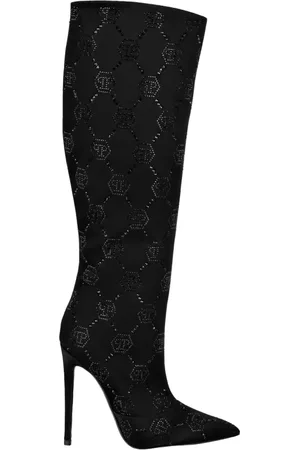 Philipp Plein Buty, Kobieta, Czarny, 39 EU, Kryształowe Monogramowe Kozaki na Szpilce