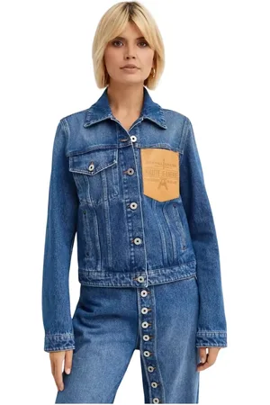 Jean Paul Gaultier Kurtki, Kobieta, Niebieski, S, Niebieska Kurtka Jeansyowa z Skórzaną Naszywką
