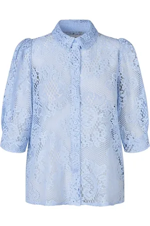 Lollys Laundry Bluzki, Kobieta, Niebieski, XS, Elegancka Dusty Koronkowa Koszula