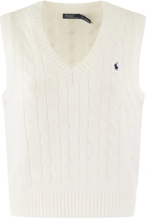 Ralph Lauren Swetry, Mężczyzna, Biały, L, Bawełna, Bawełniana kamizelka z dzianiny kablowej z dekoltem w serek